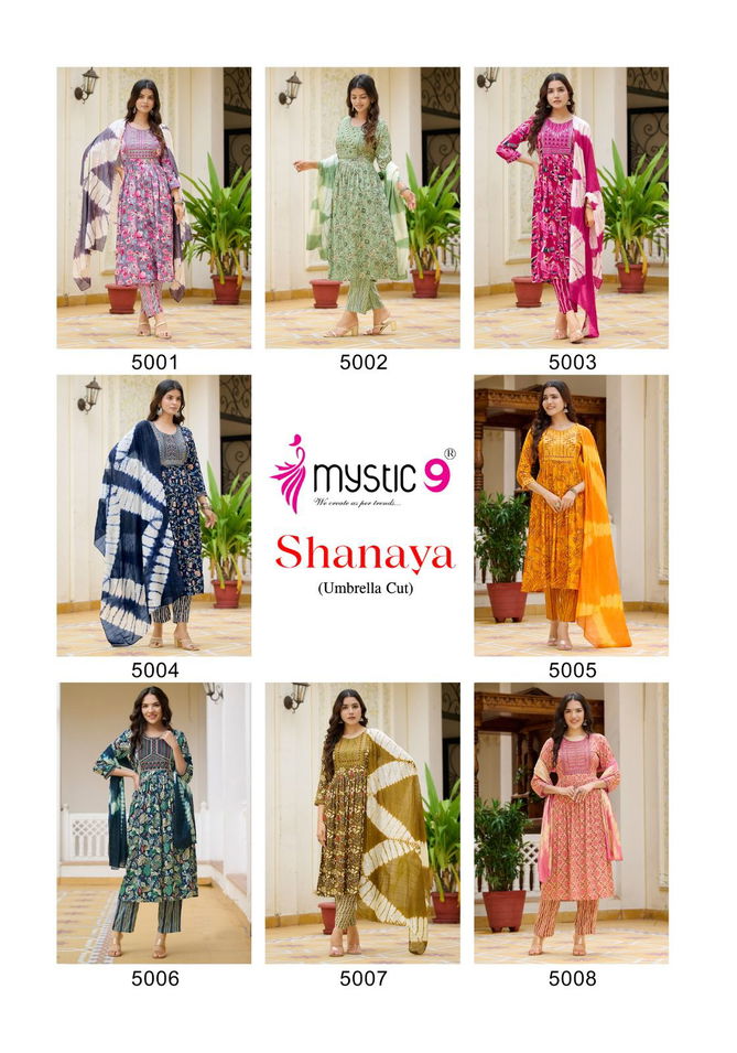 Shanaya Vol 5 By Mystic 9 Rayon Embroidery Kurti With Bottom Dupatta Wholesale Market In Surat
